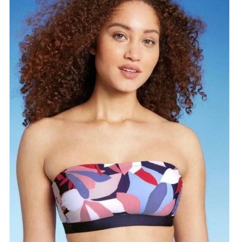 Kona Sol Womens Bandeau Bikini Top Navy‎ Pink Abstract Floral Size M NWT